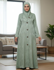 Elegant Sage Green Woven Leaf Abaya | Lapel Collar & Premium Jacquard-Style Motif | Tehnoor