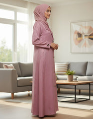 Elegant Dusty Pink Woven Leaf Abaya | Lapel Collar & Premium Jacquard-Style Motif