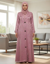 Elegant Dusty Pink Woven Leaf Abaya | Lapel Collar & Premium Jacquard-Style Motif