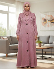 Elegant Dusty Pink Woven Leaf Abaya | Lapel Collar & Premium Jacquard-Style Motif