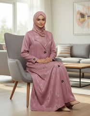 Elegant Dusty Pink Woven Leaf Abaya | Lapel Collar & Premium Jacquard-Style Motif