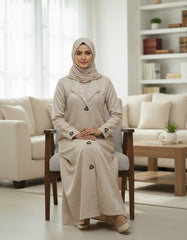 Elegant Brownish-Beige Woven Leaf Abaya | Lapel Collar & Premium Jacquard-Style Motif