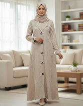 Elegant Brownish-Beige Woven Leaf Abaya | Lapel Collar & Premium Jacquard-Style Motif