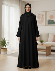 Classic Black Nida Abaya | Elegant Tonal Embroidery & Sleek Silhouette | Tehnoor