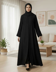Classic Black Nida Abaya | Elegant Tonal Embroidery & Sleek Silhouette | Tehnoor