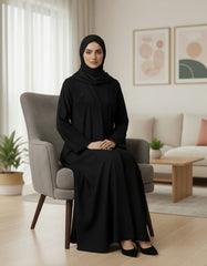 Classic Black Nida Abaya | Elegant Tonal Embroidery & Sleek Silhouette | Tehnoor