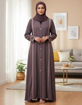 Elegant Mauve Abaya with Delicate Lace Work | Vertical Detailing & Gold Buttons | Tehnoor
