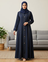 Elegant Navy Blue Abaya with Delicate Lace Work | Vertical Detailing & Gold Buttons | Tehnoor