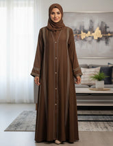 Elegant Brown Abaya with Delicate Lace Work | Vertical Detailing & Gold Buttons | Tehnoor