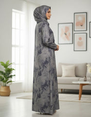 Elegant Grey Abstract Marble Abaya | Neck Tie Detail & Concealed Placket | Tehnoor