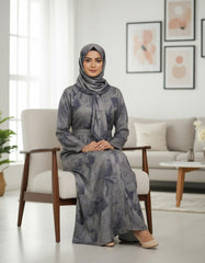 Elegant Grey Abstract Marble Abaya | Neck Tie Detail & Concealed Placket | Tehnoor