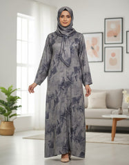 Elegant Grey Abstract Marble Abaya | Neck Tie Detail & Concealed Placket | Tehnoor