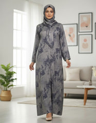 Elegant Grey Abstract Marble Abaya | Neck Tie Detail & Concealed Placket | Tehnoor