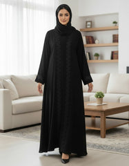 Elegant Black Embroidered Abaya | Tonal Leaf Motif | Tehnoor