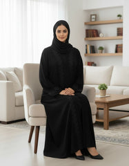 Elegant Black Embroidered Abaya | Tonal Leaf Motif | Tehnoor