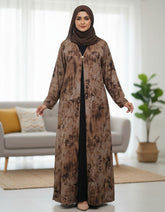 Tehnoor Rustic Mocha Tie-Dye Shrug Abaya – Premium Indian Nida Fabric Single-Button Front-Open Modest Cardigan