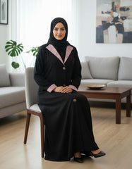 Tehnoor Noir Rose Panel Abaya Front‑Closed | Premium Indian Nida | Elegant Contrast Detailing