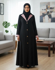 Tehnoor Noir Rose Panel Abaya Front‑Closed | Premium Indian Nida | Elegant Contrast Detailing