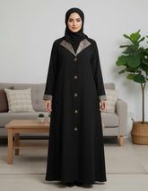 Tehnoor Noir Beige Panel Abaya Front‑Closed | Premium Indian Nida | Elegant Contrast Detailing