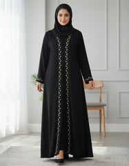 Tehnoor Noir Leaf Embroidered Abaya Subtle elegance woven in beige threads