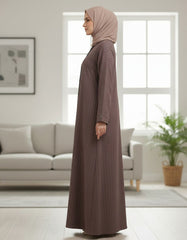 Premium warm cocoa‑brown hue Ribbed Abaya - Modern Textured Open-Front Modest Cardigan - 54" Length