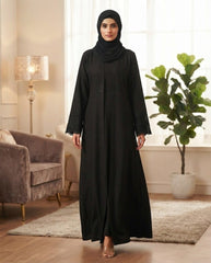 Black Indian Nida Abaya with Pipe Work Embroidered Sleeves | Elegant Full‑Length Modest Wear by Tehnoor
