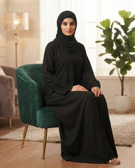 Black Indian Nida Abaya with Pipe Work Embroidered Sleeves | Elegant Full‑Length Modest Wear by Tehnoor