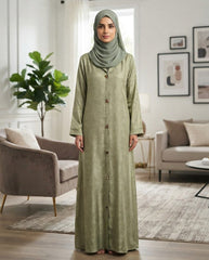 Sage Green Premium Fabric Abaya with Textured Leaf Pattern & Triangular Buttons | Elegant Front‑Open Modest Wear by Tehnoor
