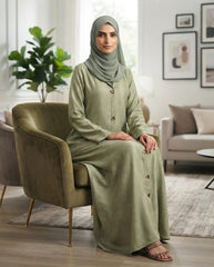 Sage Green Premium Fabric Abaya with Textured Leaf Pattern & Triangular Buttons | Elegant Front‑Open Modest Wear by Tehnoor