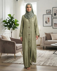 Sage Green Premium Fabric Abaya with Textured Leaf Pattern & Triangular Buttons | Elegant Front‑Open Modest Wear by Tehnoor