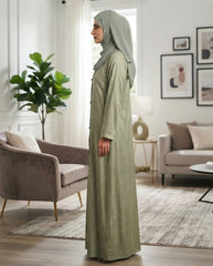 Sage Green Premium Fabric Abaya with Textured Leaf Pattern & Triangular Buttons | Elegant Front‑Open Modest Wear by Tehnoor