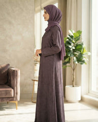 Plum Premium Fabric Abaya with Textured Leaf Pattern & Triangular Buttons | Elegant Front‑Open Modest Wear by Tehnoor