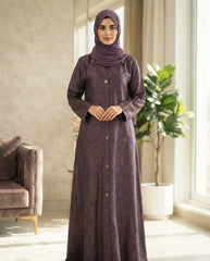 Plum Premium Fabric Abaya with Textured Leaf Pattern & Triangular Buttons | Elegant Front‑Open Modest Wear by Tehnoor