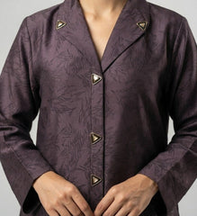 Plum Premium Fabric Abaya with Textured Leaf Pattern & Triangular Buttons | Elegant Front‑Open Modest Wear by Tehnoor