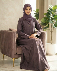 Plum Premium Fabric Abaya with Textured Leaf Pattern & Triangular Buttons | Elegant Front‑Open Modest Wear by Tehnoor
