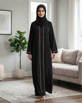 Black Indian Nida Abaya with Golden Wavy Lace & Embroidery | Premium Modest Wear by Tehnoor