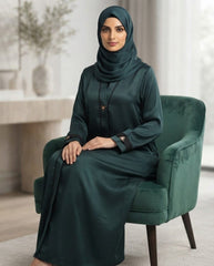 Dark Teal Premium Fabric Abaya with Black Piping & Triangular Buttons | Elegant Front‑Closed Modest Wear by Tehnoor