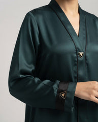 Dark Teal Premium Fabric Abaya with Black Piping & Triangular Buttons | Elegant Front‑Closed Modest Wear by Tehnoor
