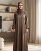 Elegant Taupe A-Line Abaya with Lapel Collar | Premium Nida Fabric | Tehnoor
