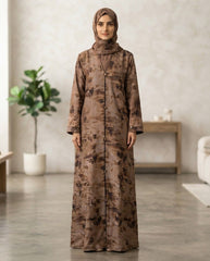 Elegant Brown Floral Print A-Line Abaya with Geometric Buttons | Premium Nida | Tehnoor
