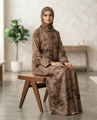 Elegant Brown Floral Print A-Line Abaya with Geometric Buttons | Premium Nida | Tehnoor