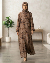 Elegant Brown Floral Print A-Line Abaya with Geometric Buttons | Premium Nida | Tehnoor