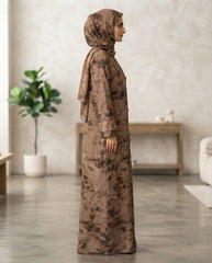 Elegant Brown Floral Print A-Line Abaya with Geometric Buttons | Premium Nida | Tehnoor