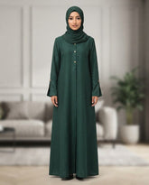Elegant Dark Green Collared A-Line Abaya with Gold Accents | Premium Nida | Tehnoor