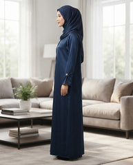Elegant Dark Blue Collared A-Line Abaya with Gold Accents | Premium Nida | Tehnoor