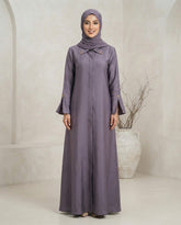 Elegant Purple Collared A-Line Abaya with Gold Accents | Premium Nida | Tehnoor