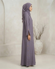 Elegant Purple Collared A-Line Abaya with Gold Accents | Premium Nida | Tehnoor