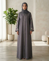 Slate Grey Zoom Party Wear Abaya with Leaf Embroidered Sleeves