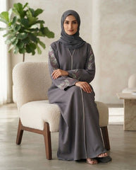 Slate Grey Zoom Party Wear Abaya with Leaf Embroidered Sleeves