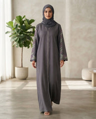 Slate Grey Zoom Party Wear Abaya with Leaf Embroidered Sleeves